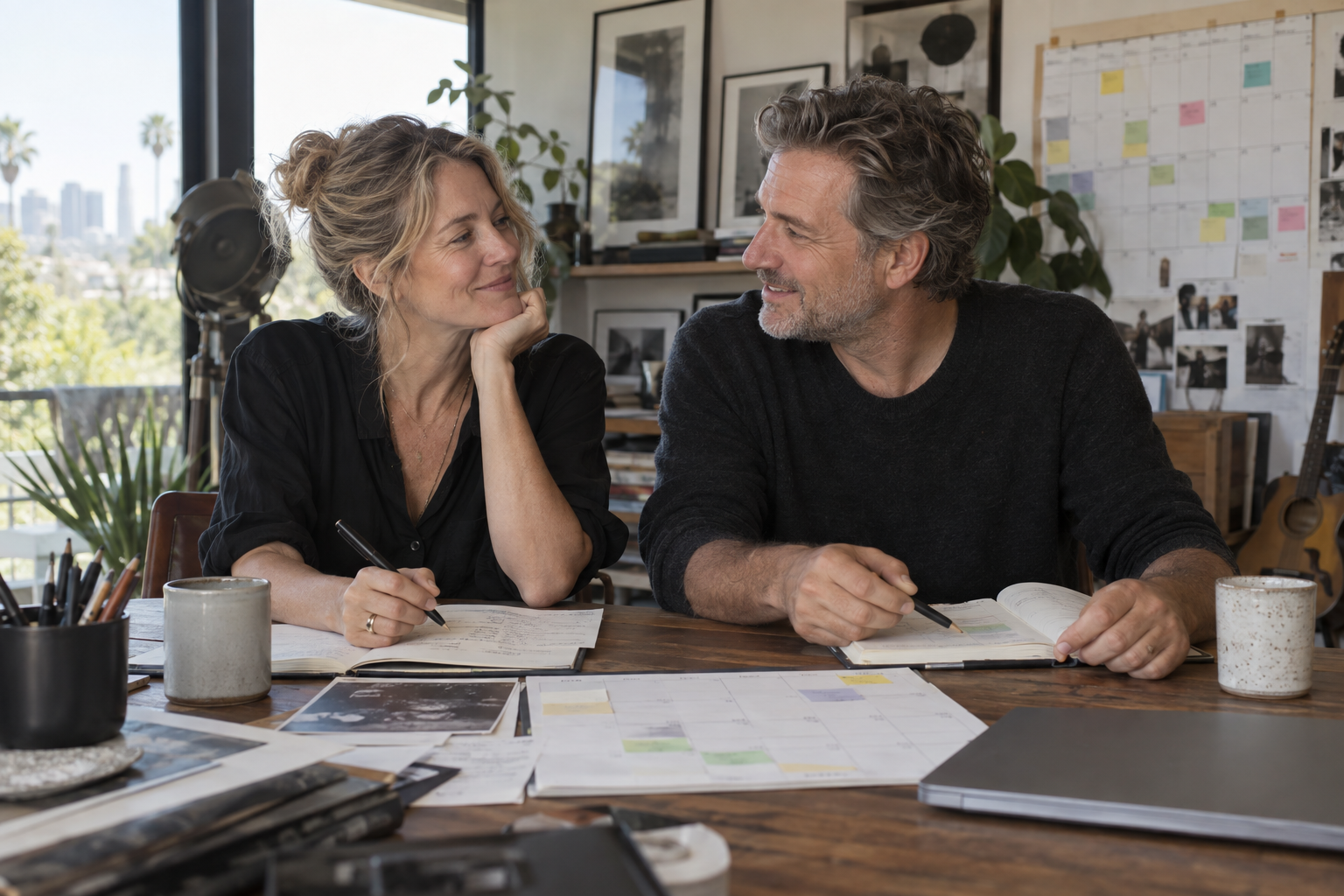 Creative professional couple coordinating changing schedules for their relationship